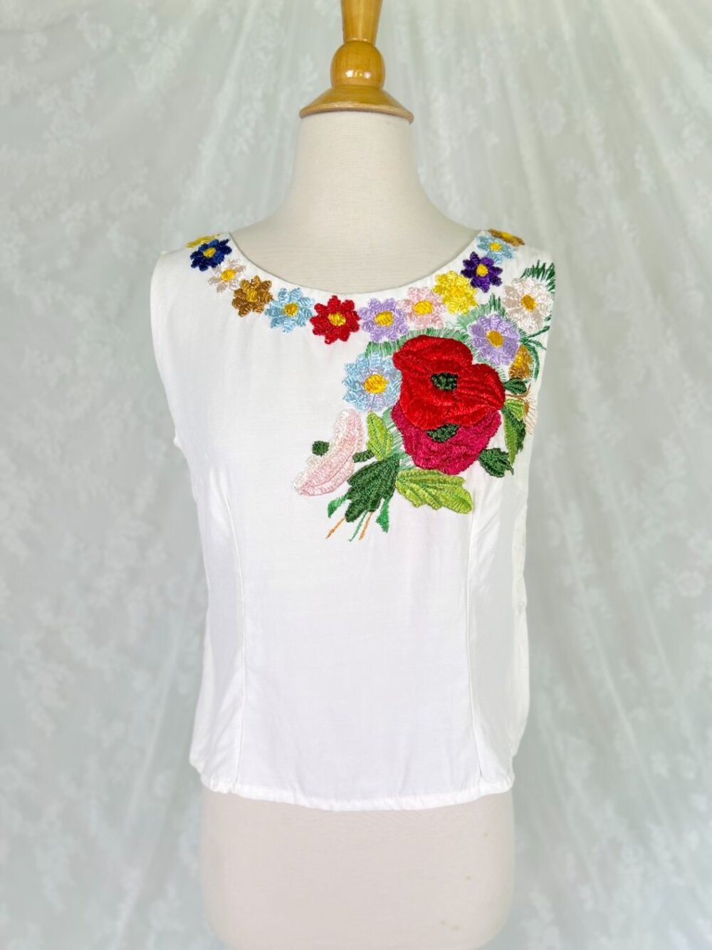Vintage 1960s Hand-Embroidered White Sleeveless Top, Colorful Floral Folk Blouse - Picture 7 of 13